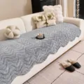 Grey plush wavy sofa cushion cover thick non-slip winter warm couch pad furniture protector - Wave Scalloped Rabbit Plush Sofa Cushion - Gray / 70*70