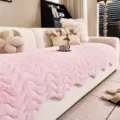 Solid pink plush irregular sofa cover, thickened non-slip warm sofa cushion for all seasons. - Wave Scalloped Rabbit Plush Cushion - Pink / 70*70
