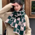 Cozy winter thick cashmere-feel scarf with green plaid and cute bear pattern for women. - Square Bear Dark Green