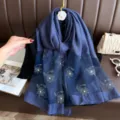 Blue rhinestone beaded floral scarf elegant evening dress shawl for women accessories - Navy Blue