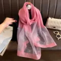 Pink rhinestone floral silk scarf women beaded elegant shawl wrap for evening dress and party - Pink