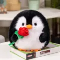 Mignon pingouin en peluche ronde tenant une rose rouge, poupée en peluche douce cadeau. - Noir avec rose