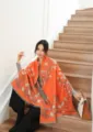 Orange floral jacquard fringe cashmere-feel shawl winter warm wrap scarf for women. - Orange Rabbit Garden