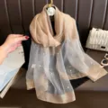 Elegant sheer pearl rhinestone floral scarf, delicate evening dress qipao shawl wrap. - Camel