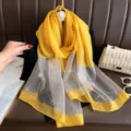 Elegant yellow silk scarf with sheer bottom, rhinestone and pearl flower details for women. - Yellow