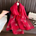 Red chiffon scarf featuring sparkling rhinestone and pearl flower details for elegant look. - Dark Red