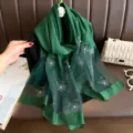 Elegant dark green silk scarf with rhinestone beaded flower for women evening gown. - Green
