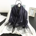 Elegant silk wool scarf with gold grid pattern and sheer black hem for women autumn fashion - Navy Blue