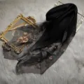 Black floral embroidered silk wool scarf, elegant shawl with delicate begonia details for women. - Black