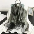 Elegant gradient silk wool scarf with golden stripes, luxury women's fashion shawl wrap. - Army Green