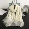 Silk wool scarf elegant women shawl lightweight spring autumn fashion gold grid design soft material - White