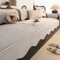 Grey striped sofa cover with delicate lace trim, non-slip one-piece protective slipcover for living room - 70*70cm / Light Gray