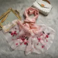 Pink mulberry silk embroidered scarf, floral retro shawl for elegant women, soft fabric. - Above 185cm / Pink