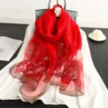 Roter bestickter Seidenschal Damen dünner Maulbeerseide Schal elegantes Blumenmuster - Rot
