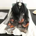 Schwarzer transparenter Seiden Woll Schal mit Stickerei, elegante Damen Blumenschal. - Schwarz