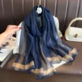 Elegant navy blue long silk scarf with metallic gold stripes, perfect for autumn and winter. - Navy Blue