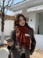 Women winter warm tassel wool blend scarf casual fashion daily wear fringe neckerchief brown - Burgundy