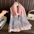 Pink organza pearl embellished sheer scarf detail shot, elegant women summer sun protection shawl. - Light Pink