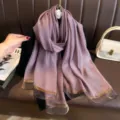 Elegant lightweight shimmering long scarf with gold metallic trim, ideal for summer sun protection. - Purple