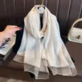 Elegant thin imitation silk scarf for women, long lightweight shawl with stylish metallic stripes. - White