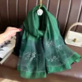 Green silk organza scarf with pearls, elegant long shawl for women, sun protection beach wrap. - Green