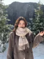 Winter warm plaid tassel scarf for women, thick cashmere-feel cozy neck wrap for cold days. - Ivory