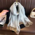 Elegant gradient shimmering silk scarf, lightweight long sun protection shawl for women. - Light Blue Zircon