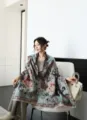 Winter women's double-sided jacquard shawl, thick warm floral print cape for stylish outdoor wear. - Blue Auspicious Lotus