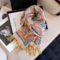 Winter cashmere feel paisley jacquard scarf with fringe thick warm fashion shawl wrap for women. - Camel
