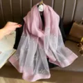 Elegant gradient rhinestone polyester long scarf with pearl floral design for women. - Purple