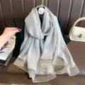 Elegant thin silk scarf for women, long striped design shawl and sun protection beach wrap. - Light Color
