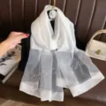 White sheer organza shawl with delicate pearl rhinestones, elegant long sun protection wrap. - White