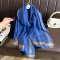 Women long blue metallic glitter scarf stylish autumn winter elegant shawl solid color gauze - Blue