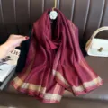 Elegant burgundy women long scarf with metallic stripes, perfect autumn winter fashion shawl accessory. - Dark Red