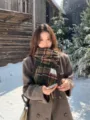 Korean style thick plaid tassel scarf for women, cozy winter warm casual neckerchief variant. - Dark Green