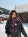 Korean style purple plaid scarf for women autumn winter warm tassel shawl versatile neckerchief - Purple and Coffee
