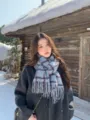 Cozy winter plaid scarf for women, thick warm tassel shawl, stylish casual grey neck wrap. - Blue Black