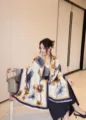 Detailed view of the winter thick double-sided jacquard floral print shawl and scarf. - Yellow Full Bloom Lotus