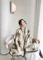 Women winter reversible jacquard shawl thick warm lotus print scarf elegant cozy outerwear - Green Full Bloom Lotus