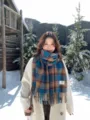 Cozy blue and brown plaid winter scarf with chic fringe details for women daily wear warmth. - Blue Coffee