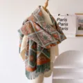 Herbst Winter dicker Strick Schal geometrisches Muster Retro Tuch warme Fransen Damen Schal - Grün