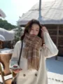 Korean style brown plaid winter scarf for women, cozy tassel shawl and warm thickened neckerchief - Camel White