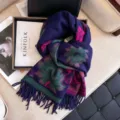 Women winter floral jacquard core spun yarn scarf detailed close up cozy warm tassel shawl fringe - Navy Blue