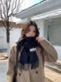 Korean style winter warm plaid scarf for women, classic tassel shawl and cozy neckerchief. - Cool Black