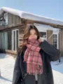 Women winter pink plaid scarf cozy warm tassel neck wrap stylish winter casual accessory - Pink and Black