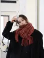 Women Red Plaid Winter Scarf Thick Warm Tassel Shawl Casual Versatile Fashion Neck Wrap - Crosshatch Grid Brown & Yellow
