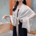 Elegant beige striped printed silk scarf shawl, perfect for summer sun protection, beach and travel. - SJT-2