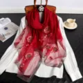 Red embroidered silk wool scarf shawl floral luxury elegant winter warm fashion accessories gift - Burgundy
