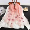 Elegant pink silk wool embroidered scarf for women, beautiful floral print long shawl wrap. - Pink