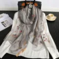 Grey silk wool embroidered scarf with elegant plum blossom pattern, winter fashion accessory. - Gray